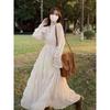 Spring and Autumn New Women's White Beach Dress Waist Pleated Holiday Long Sleeve Chiffon Dress