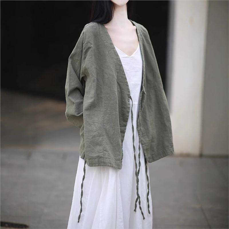 Johnature Women Chinese Style V-Neck Long Sleeve Autumn Solid Color Belt Coats