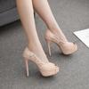 2021 Summer Women's Lace High Heel Stilettos: Waterproof Platform Peep Toe Shoes for Cross-Border E-Commerce