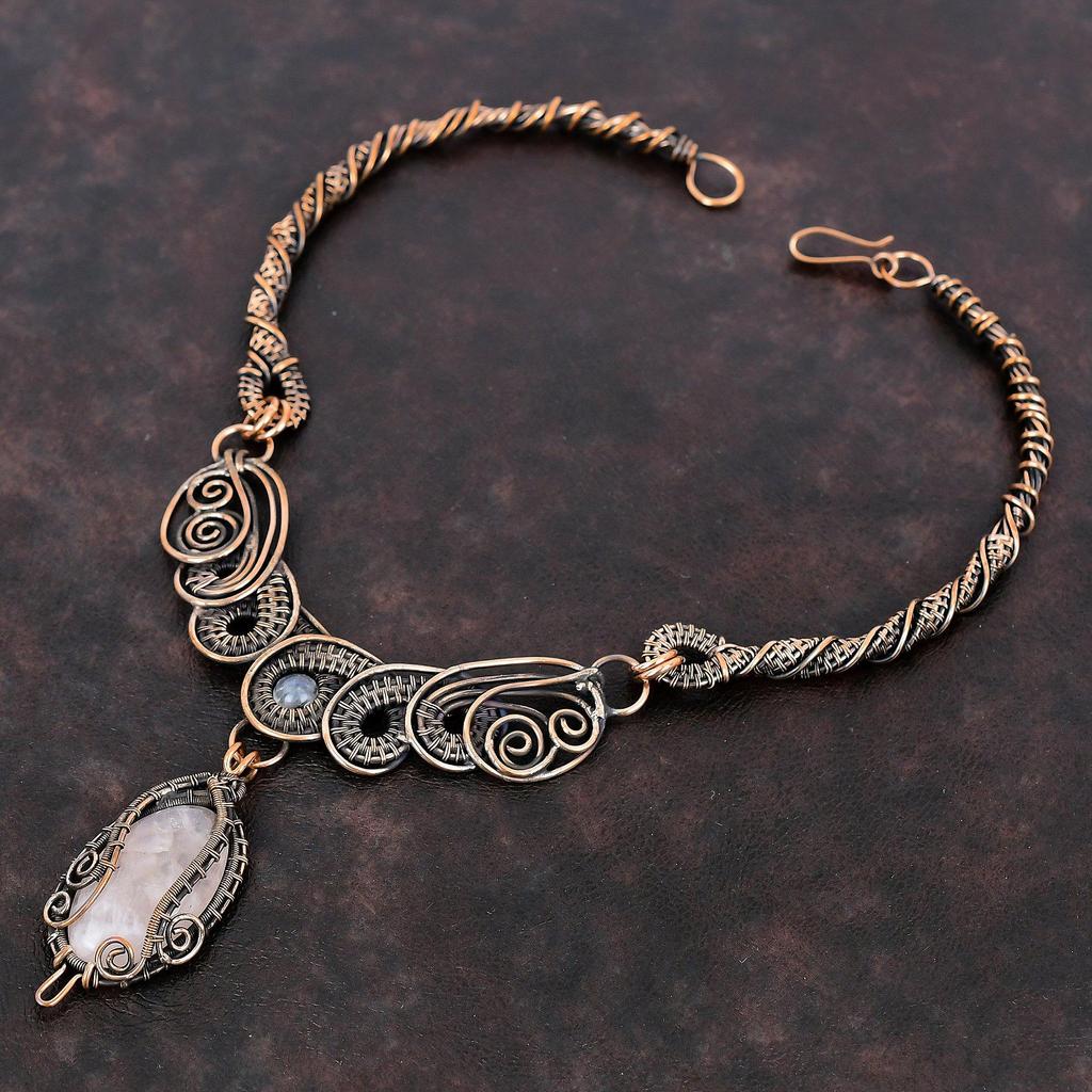 Ожерелье из розового кварца, ожерелье из медной проволоки, радужное ожерелье из лунного камня, изящные медные украшения ручной работы, ожерелье из драгоценных камней, подарок для женщин