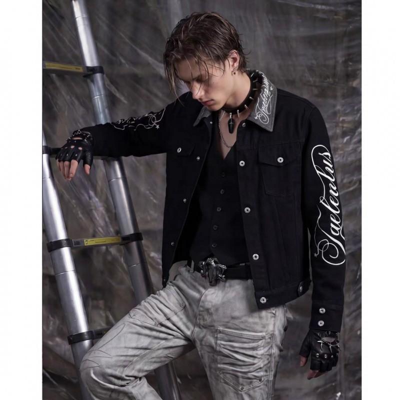 Mens Punk Style Washed Denim Jacket With Letter Print Loose Fit Casual Outerwear Black