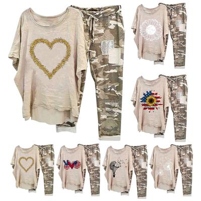 Женский комплект из 2 шт./компл., топ, брюки, круглый вырез, цветочный камуфляжный принт, нерегулярный подол, короткие рукава, свободный шнурок, эластичная талия, женская футболка, комплект брюк