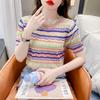 French Round Neck Color Striped Short Sleeved T-shirt for Women's Summer Hollow Knitted Base Shirt Casual Top