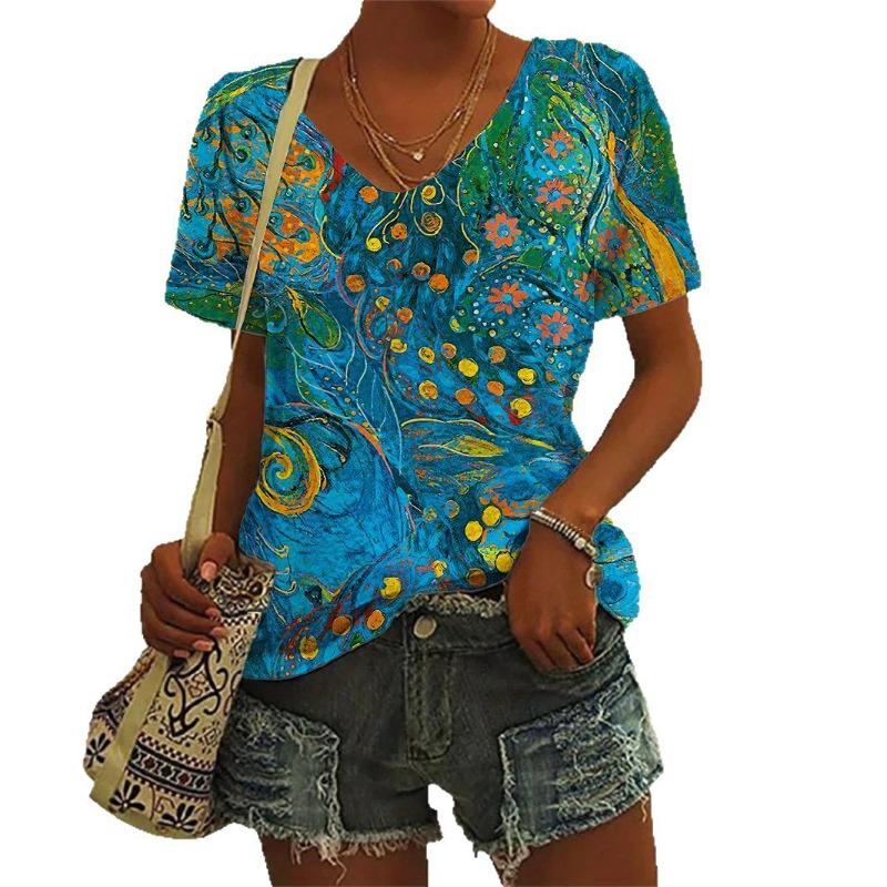 Модная повседневная женская одежда с красочными узорами 3D-принт Футболка с V-образным вырезом Свободная женская футболка с коротким рукавом