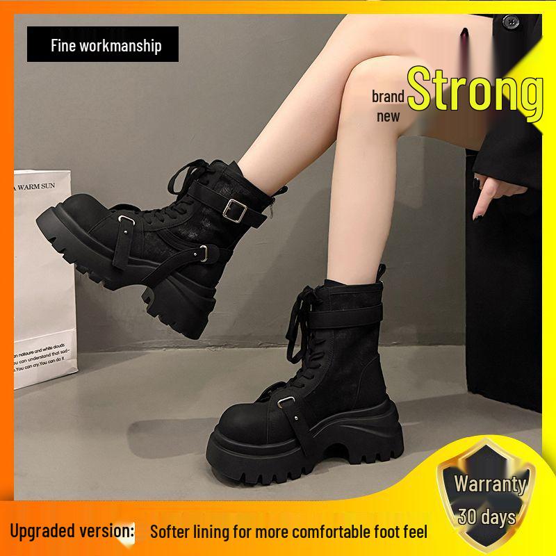 Кожаные джинсовые ботинки-платформы в европейском стиле - Женские новые мотоциклетные полусапожки 2025 года с увеличением роста, маленькие размеры