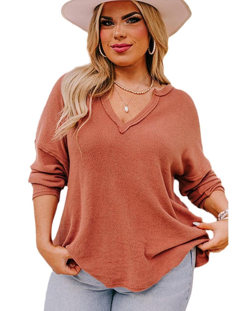 Azura Exchange Gold Flame Plus Size Exposed Seam V Neck Long Sleeve Top