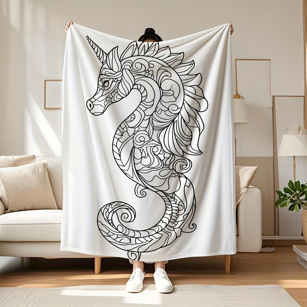 Unicorn Seahorse Print Flannel Throw Blanket Soft Cozy Fleece for Bed Sofa Camping and Travel All Season Creative Gift