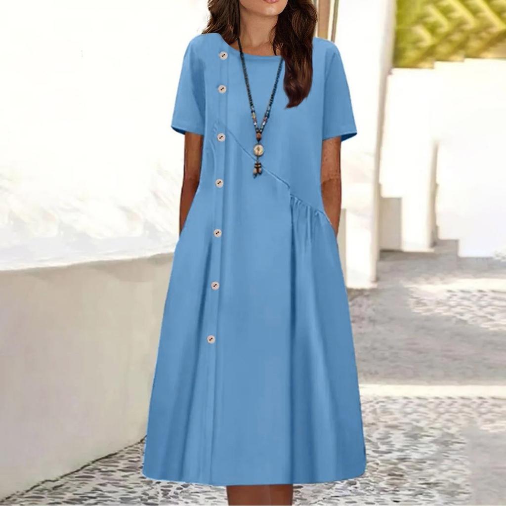 Women's Solid Round Neck Short Sleeve Button Decorative Waist Pocket Dress Pocket Dress