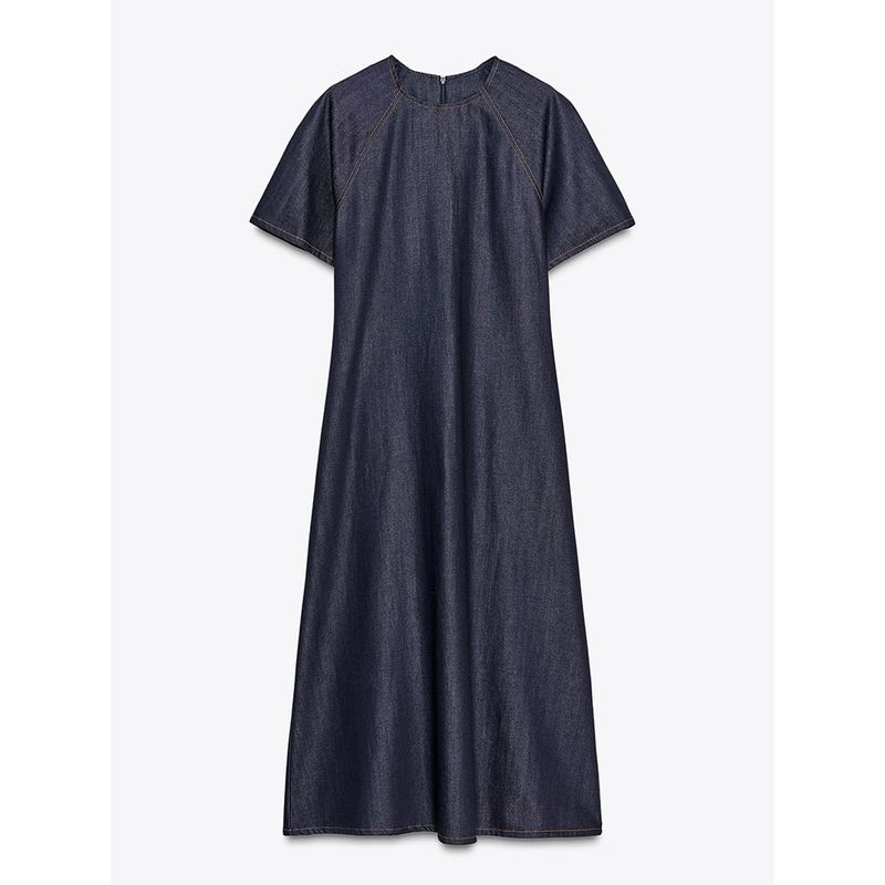 Za2025 Summer New Women Clothes Round Neck Short Sleeve Waist Hugging Slimming Denim Long Dress 2183242 407