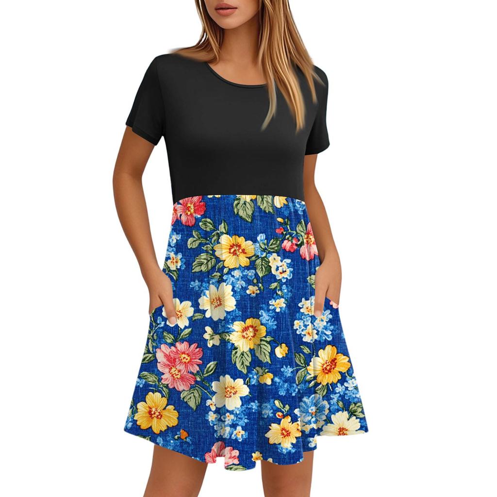 Женские модные повседневные свободные платья с круглым вырезом и коротким рукавом с принтом и карманами