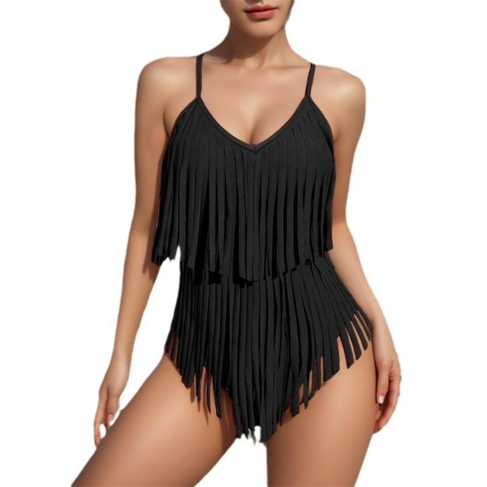 Swimsuit One-Piece Solid Color Sexy V-neck Slim Fit Backless Tassel Design Foreign Trade Swimsuit