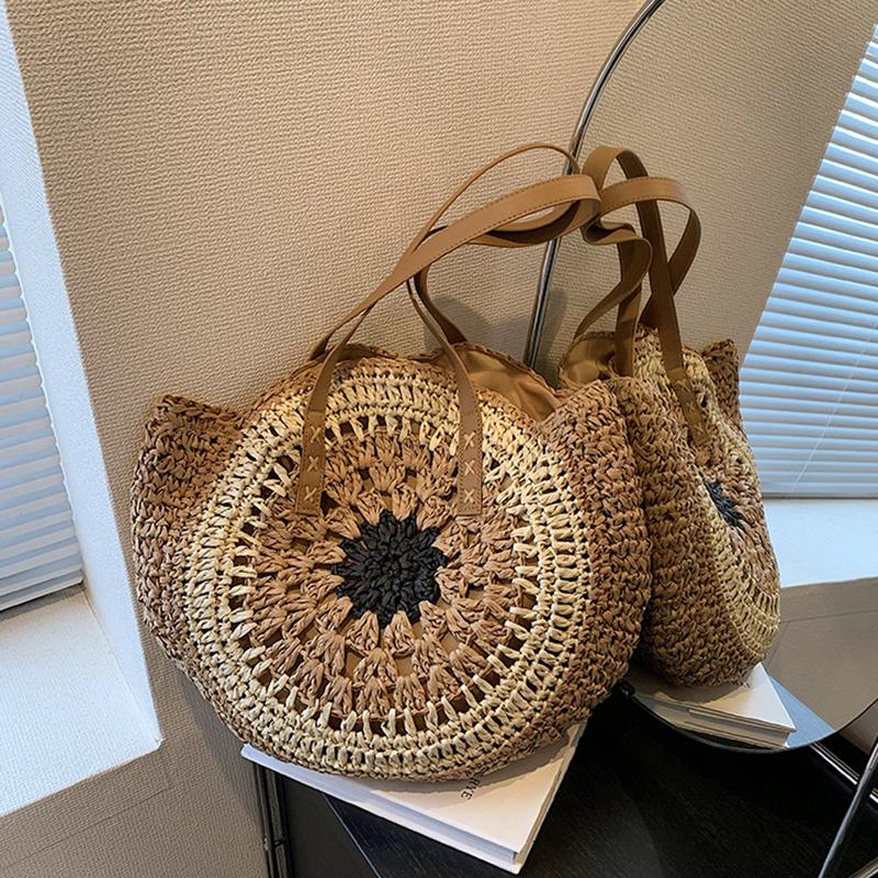 Yogodlns Летняя пляжная полая соломенная женская сумка на плечо, винтажная сумка с верхней ручкой, большая вместительная сумка из ротанга