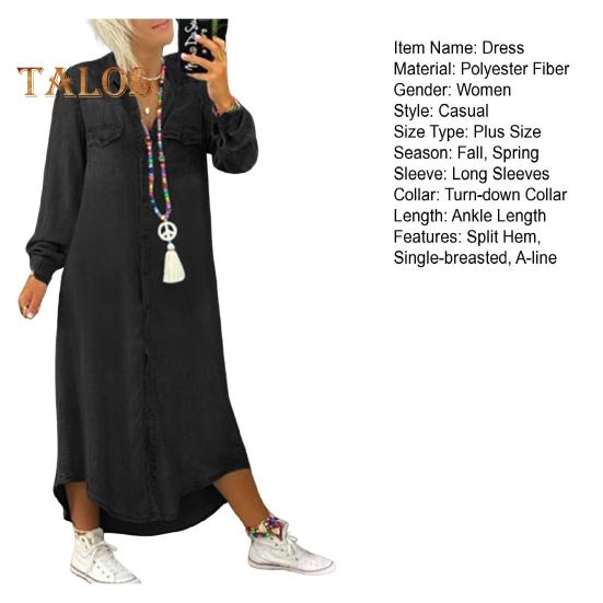 Осенне-весеннее женское платье однобортное с лацканами, свободный покрой, длинные рукава, нагрудный карман, разрез по низу, платье больших размеров, однотонное, на пуговицах, А-силуэт, повседневная одежда, макси