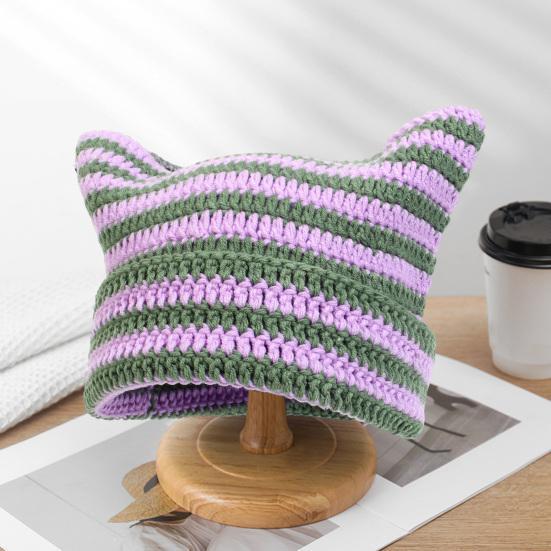 Autumn Winter Outdoor Warm Knitting Caps Cute Striped Cat Ear Hat No Brim Thickened Stretchy Yarn Knitted Beanie Hat