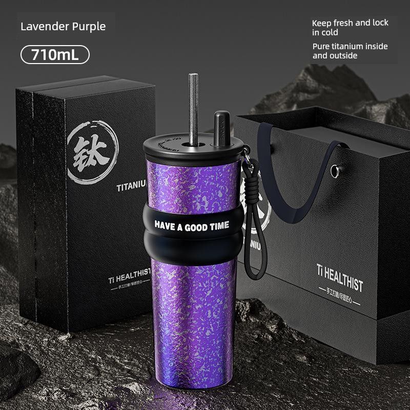 New Model of Pure Titanium Ice Cup, High-Looking, Portable, Large-Capacity Thermos Cup for Girls, with Accompanying Straw, Car-Mounted Thermos Cup