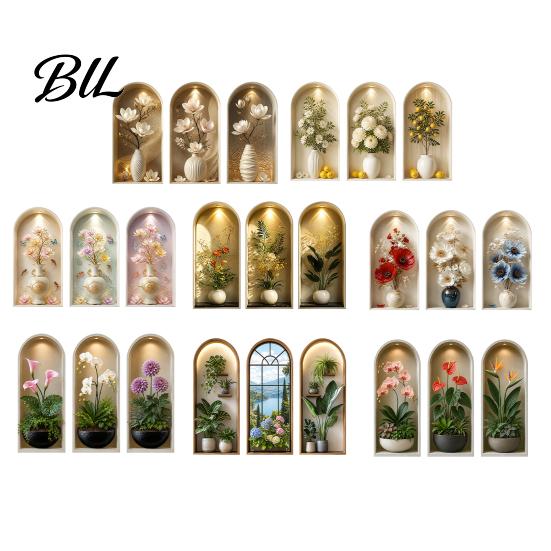 Peel And Stick Wall Art 3Pcs Arched Flower Stickers, Boho Style Floral Plant Decals, Self Adhesive PVC Wallpaper for Cabinet Door Decor Living