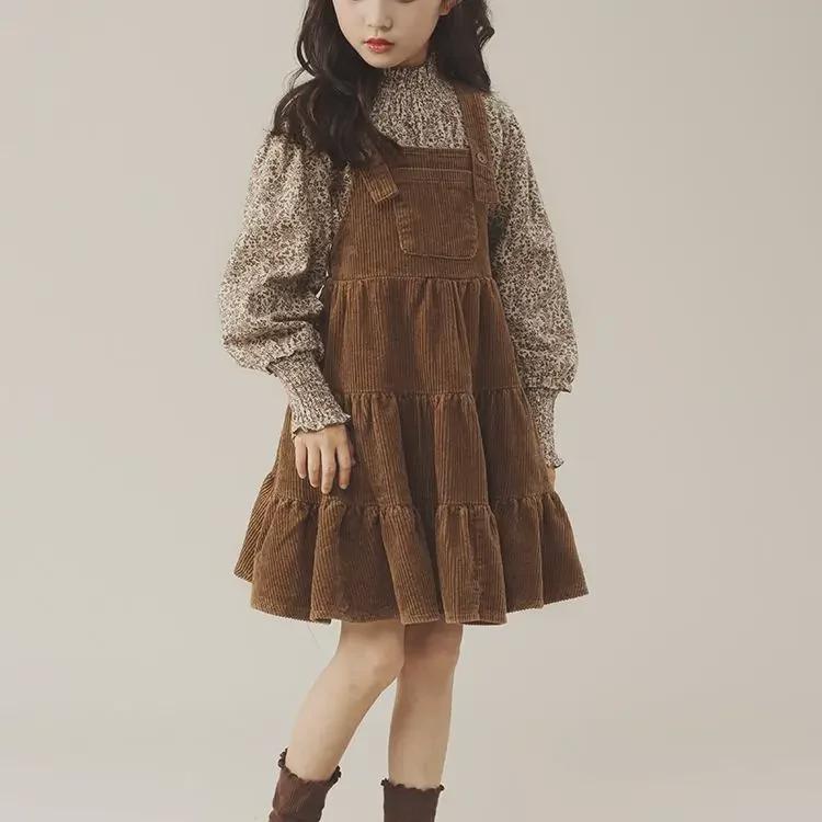 Комплект из двух частей в стиле ретро с цветочным принтом 2024 года для девочек — весенне-осенний комплект из двух частей