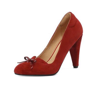 Летняя обувь из овечьей замши с острым носком на толстом высоком каблуке, большой размер 42, пикантные вечерние женские туфли-лодочки с узлом-бабочкой