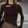 Coffee Color Merino Wool Women's Sweater with High-Stretch Irregular Cutout Design