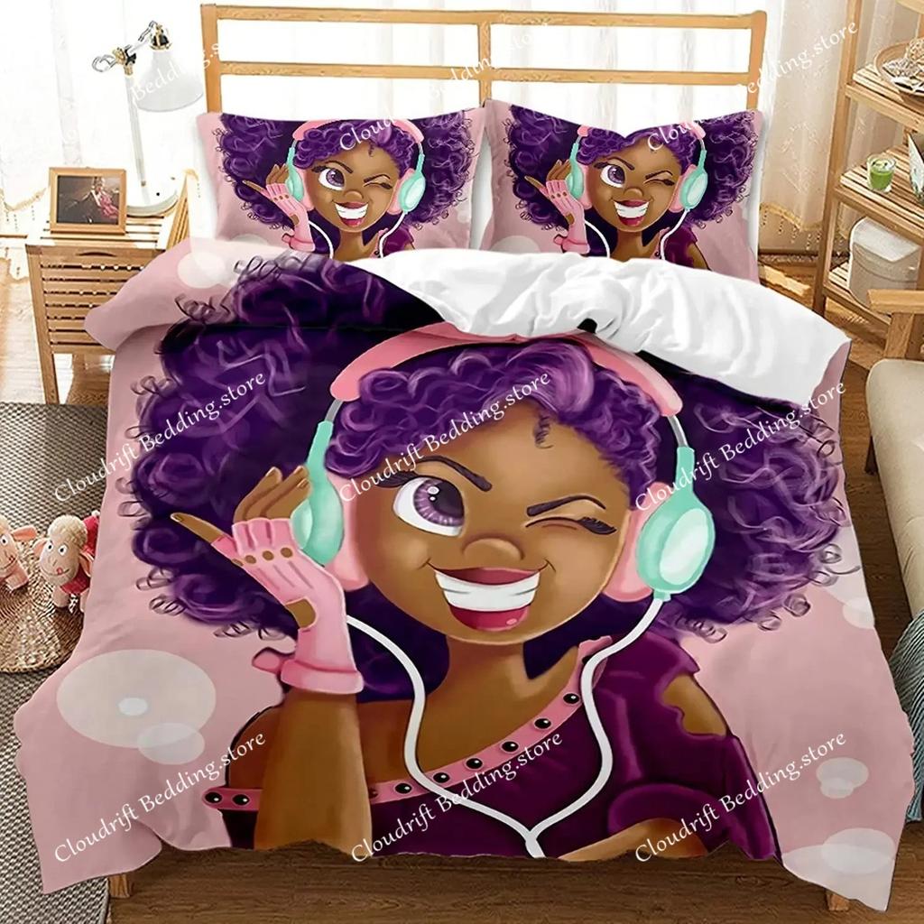 Musical Girl King Queen Duvet Cover Modern Fashion Girly Bedding Set for Kids Teens Adults Cartoon Hip Hop style Quilt Cover