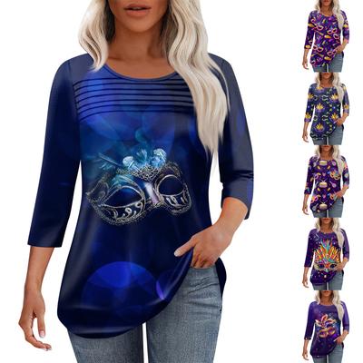 Женская мода круглый вырез шея плиссированная передняя планка с принтом рукав 3/4 топ