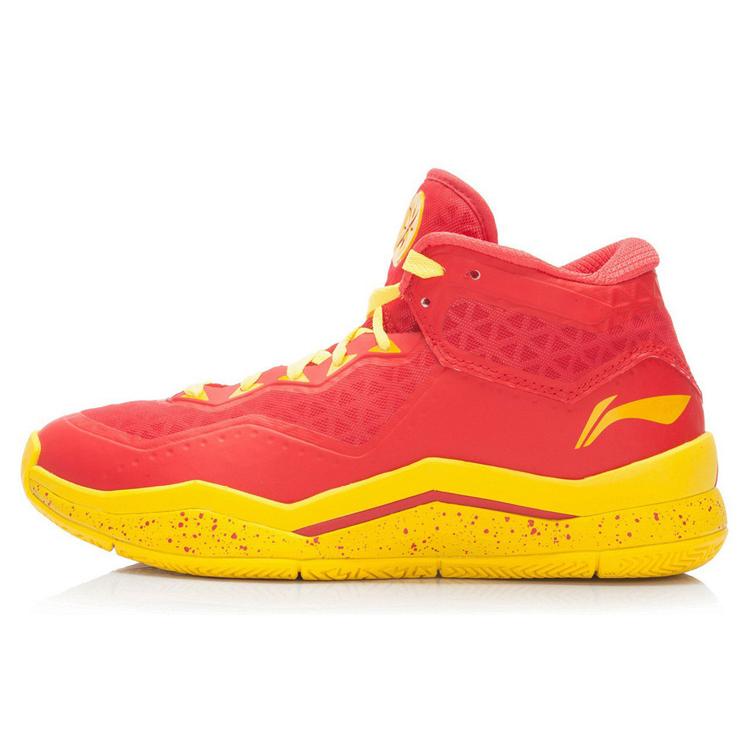 Li Ning WOW 3 Модные Амортизирующие Нескользящие Средневысокие Баскетбольные Кроссовки Мужские Желто-Красные Легкая Версия ABAK031-4