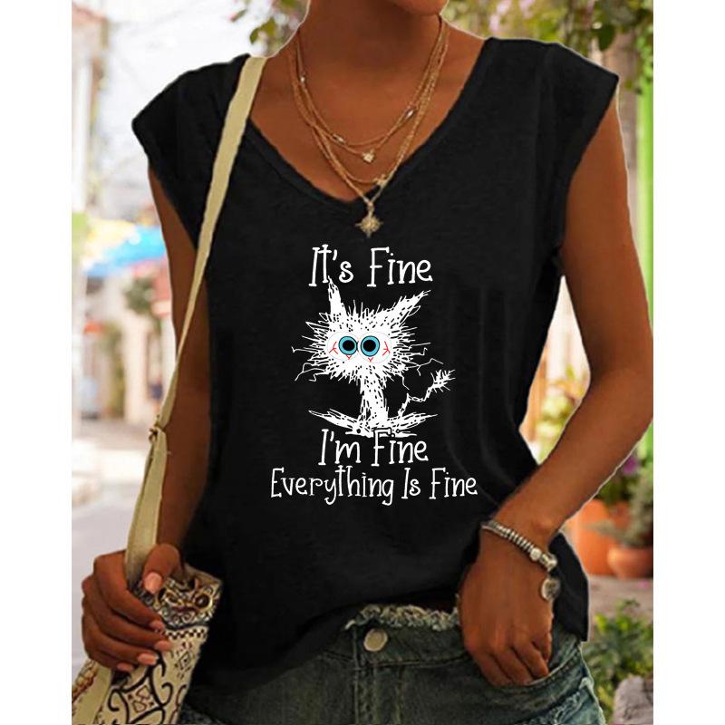 Свободный жилет с V-образным вырезом и рукавами-крылышками 2024 года с принтом черного кота