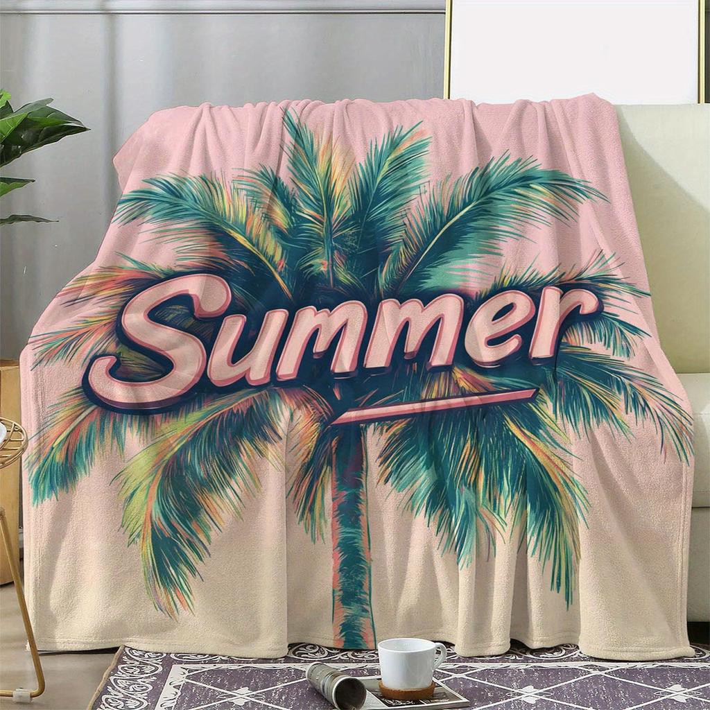 1pc Sdoo Flannel Blanket - Tropical Palm Tree Summer Beach Throw in Pastel Pink, Soft Cozy All-Season Blanket for Couch, Bed, Tr