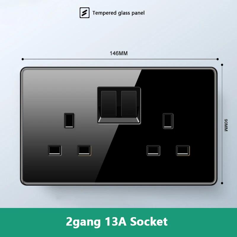 Роскошный настенный выключатель света из закаленного стекла, черная вилка UK 13A, универсальная настенная розетка с USB, 220 В, 1-канальный двухпозиционный переключатель скорости
