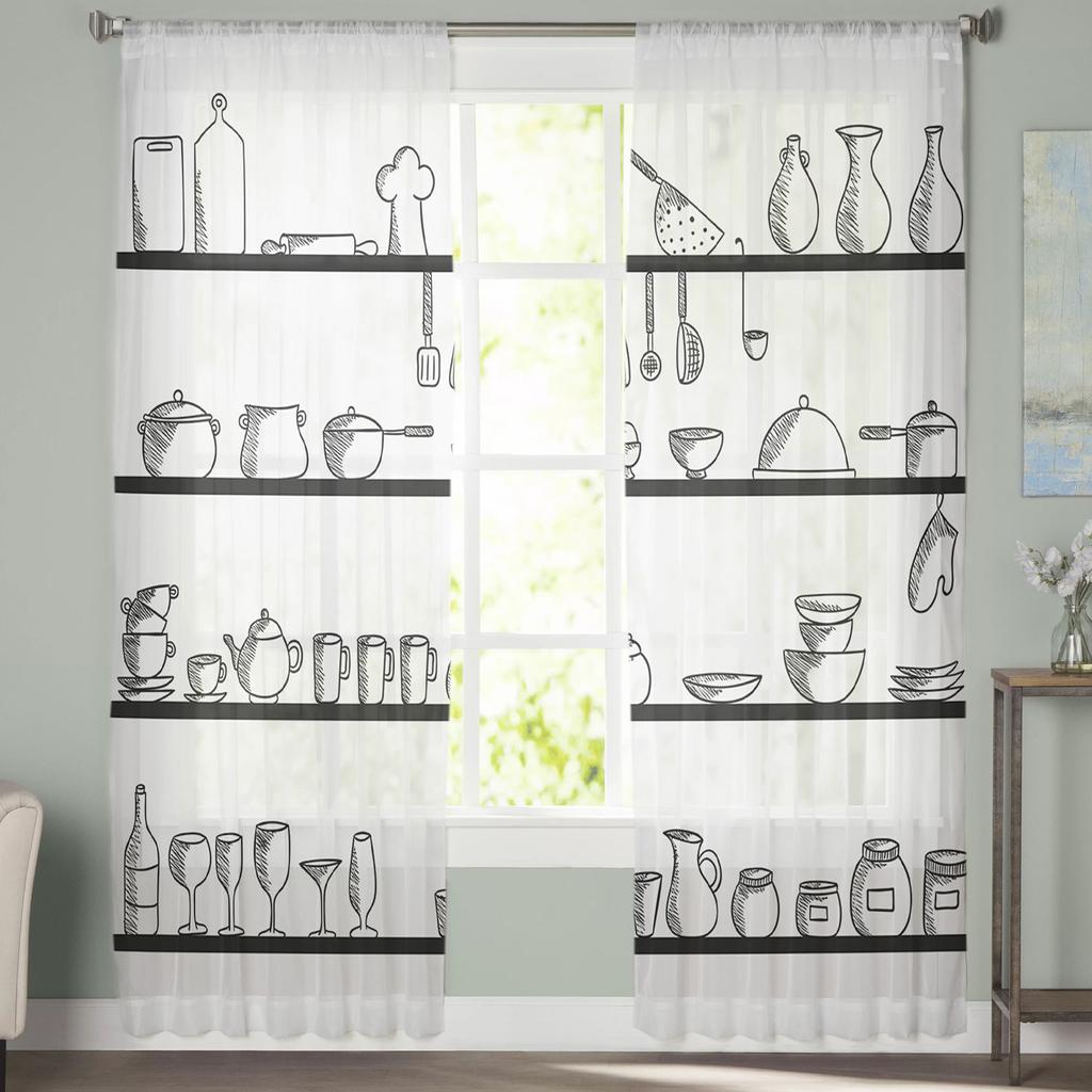 Кухонная утварь Полка Оконные занавески Прозрачный шифон Тюль Занавеска Главная Гостиная Фон Украшения
