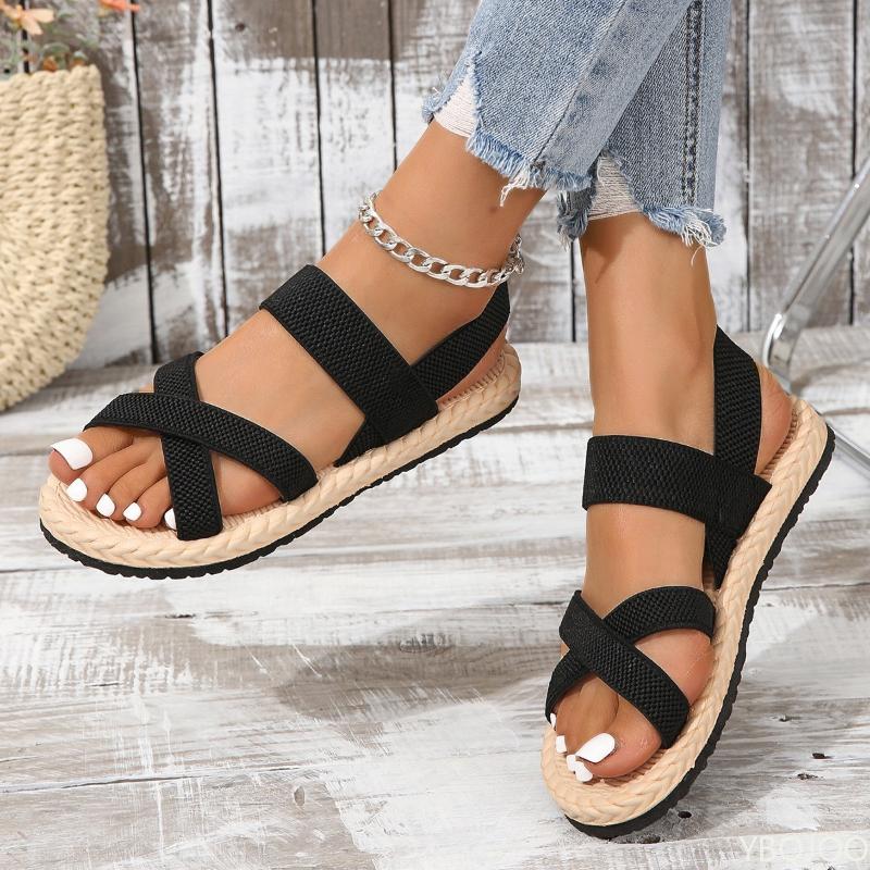 Fashion 2025 New Elastic Band Cross Comfortable Casual Simple Sandals Summer Outdoor Wear of Straw Woven Linen Versatile Women's Sandal
