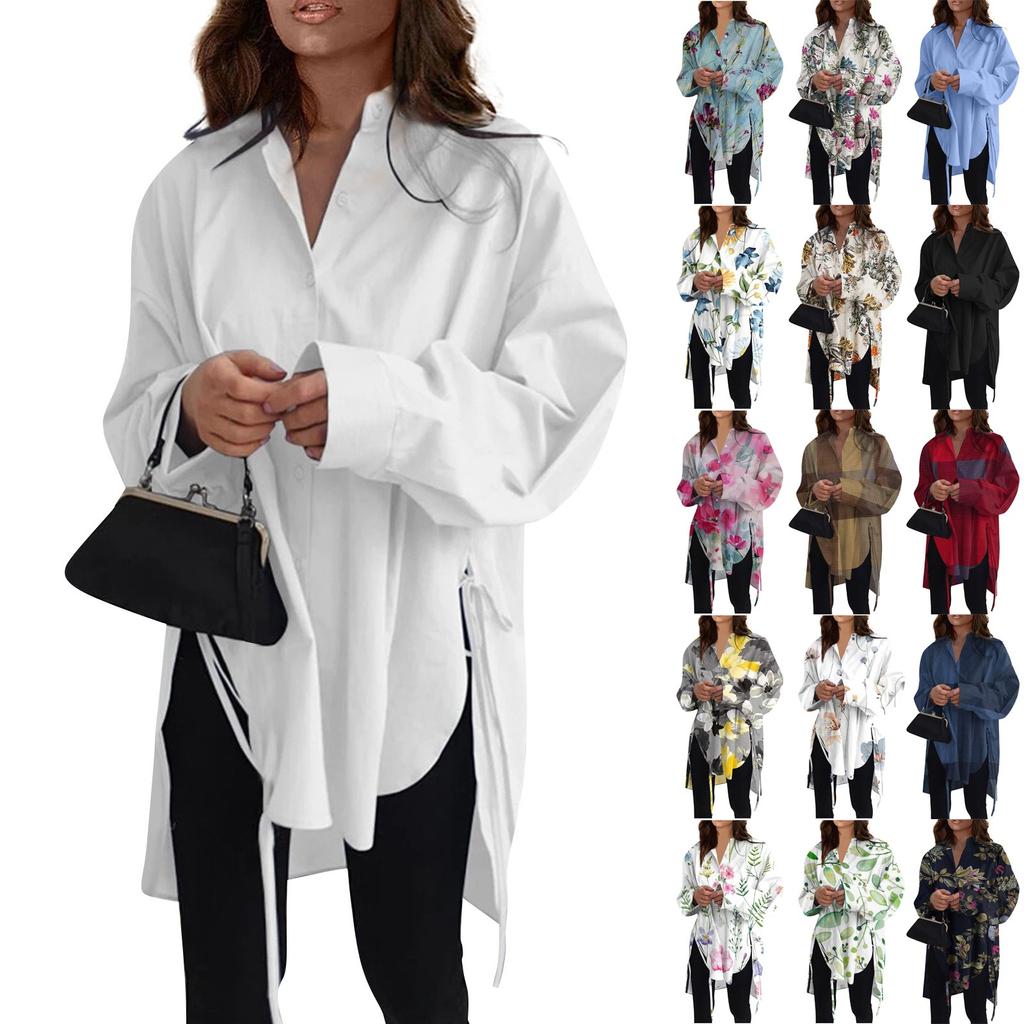 Модная повседневная однотонная рубашка с длинными рукавами и лацканами свободного типа для женщин