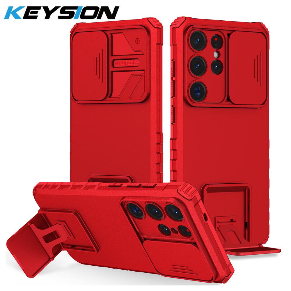 KEYSION Shockproof Case for Samsung S25 Ultra 5G S25+ Plus Slide Camera Lens Protection Live Stand Phone Cover for Galaxy S24 FE 5G