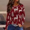 Women's Fashion Casual Slit Hem Round Neck Long Sleeve Loose Christmas Printed T-Shirt Ladies Top