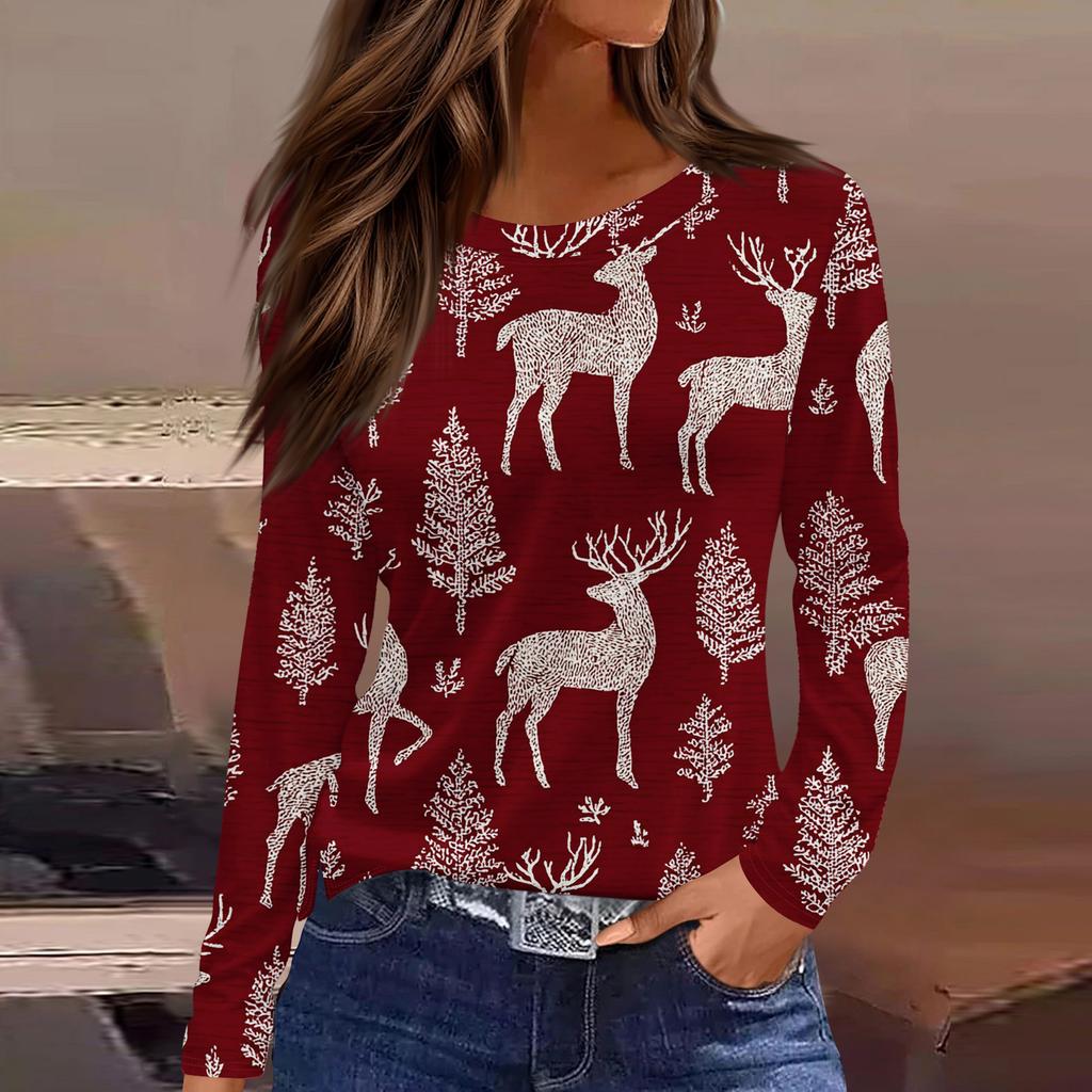 Women's Fashion Casual Slit Hem Round Neck Long Sleeve Loose Christmas Printed T-Shirt Ladies Top