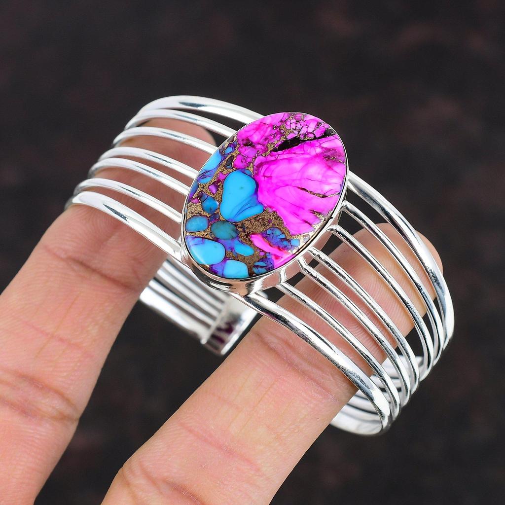 Natural Kingman Pink Dahlia Turquoise Bangle 925 Sterling Silver Adjustable Bangle Original Gemstone Jewelry Handmade Bracelet Gifts For Him