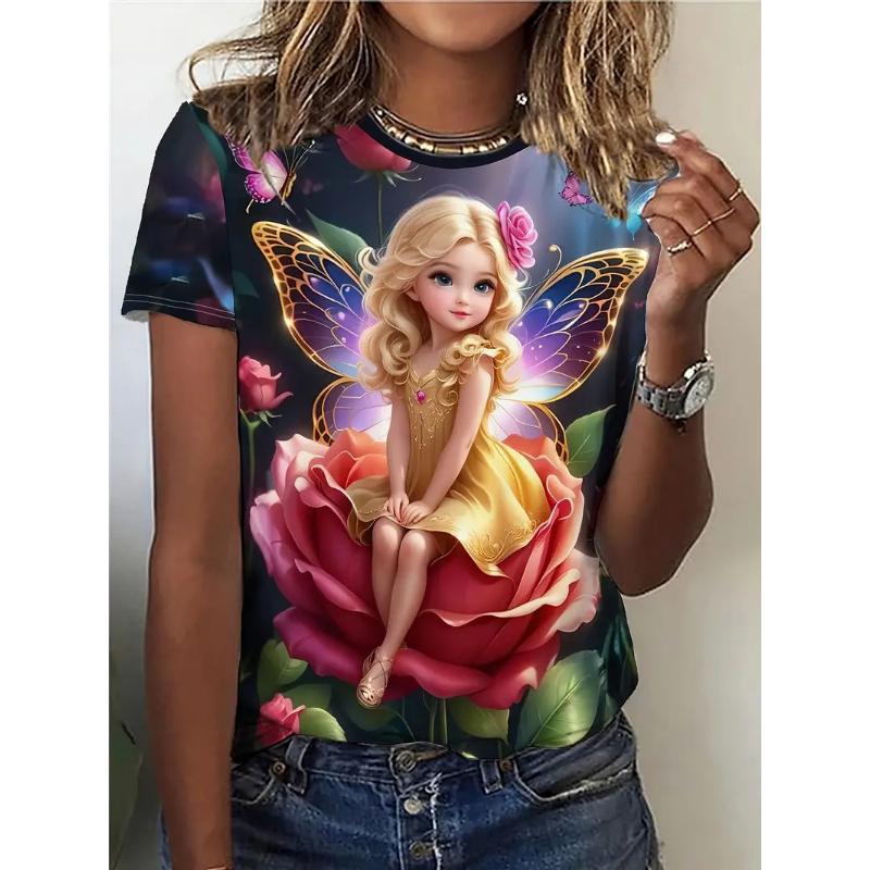 Футболка женская с принтом «Принцесса сказки» на 3D-принте, весна/лето, модная, повседневная, свободная, с коротким рукавом, с круглым вырезом, женская одежда