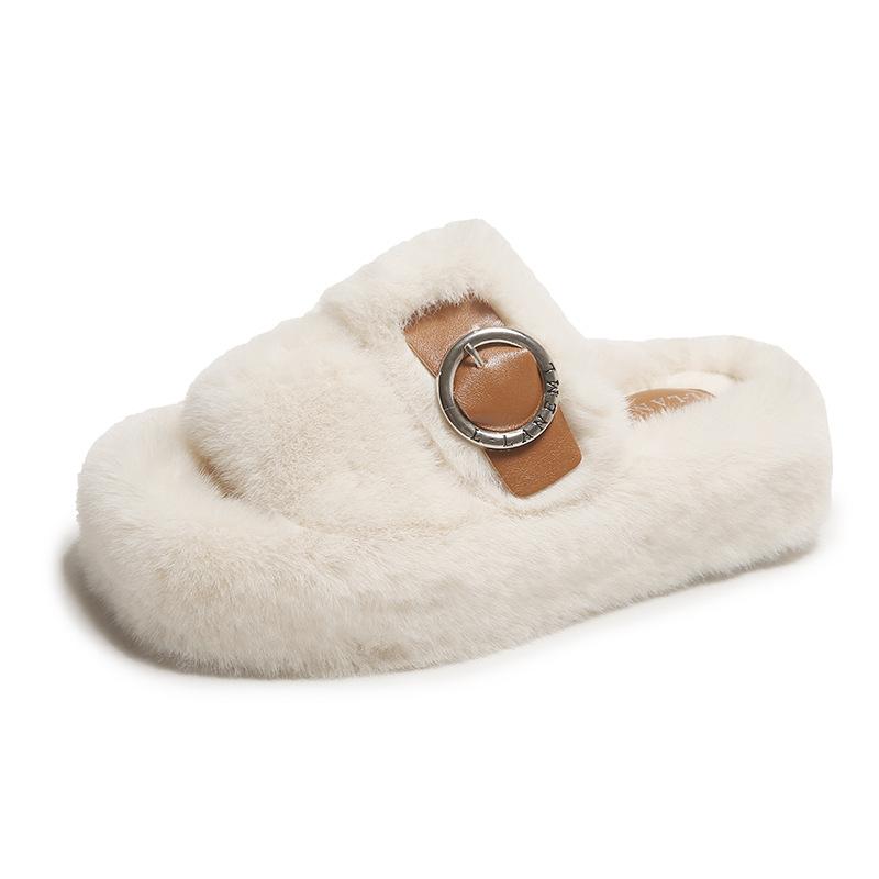 Fashion 2024 New Summer Square Toe Solid Color Belt Buckle Decoration Thick Sole Fashion Fur Slippers Indoor Home Casual Floor Slides