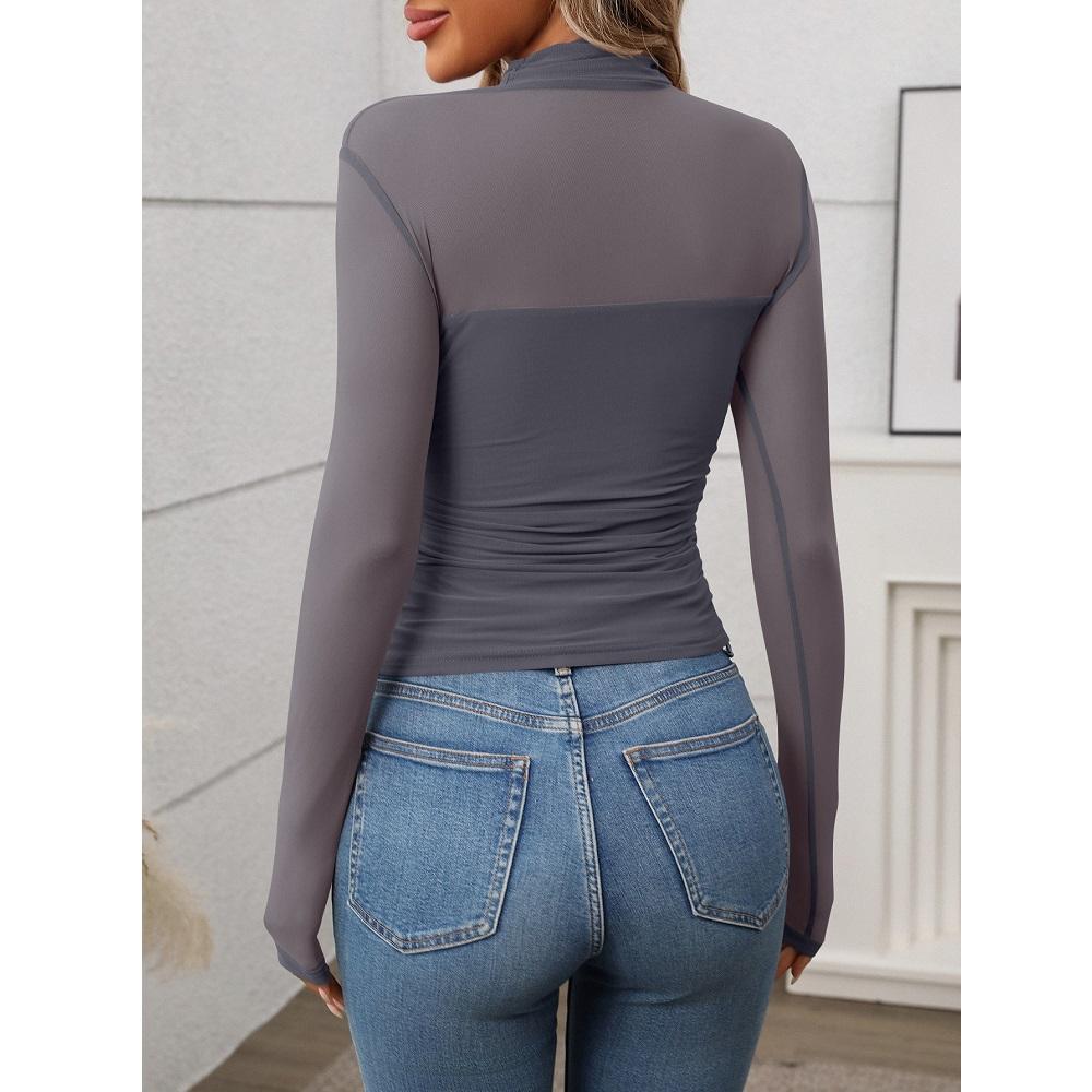 Женские весенние базовые футболки, топы, сетчатые прозрачные длинные рукава, водолазки, тонкие футболки