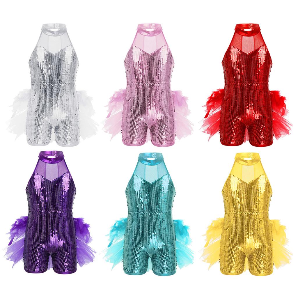 Kids Girls Ballet Latin Dance Costumes Sleeveless Sequins Mesh Splice Cutout Back Leotard Jumpsuit