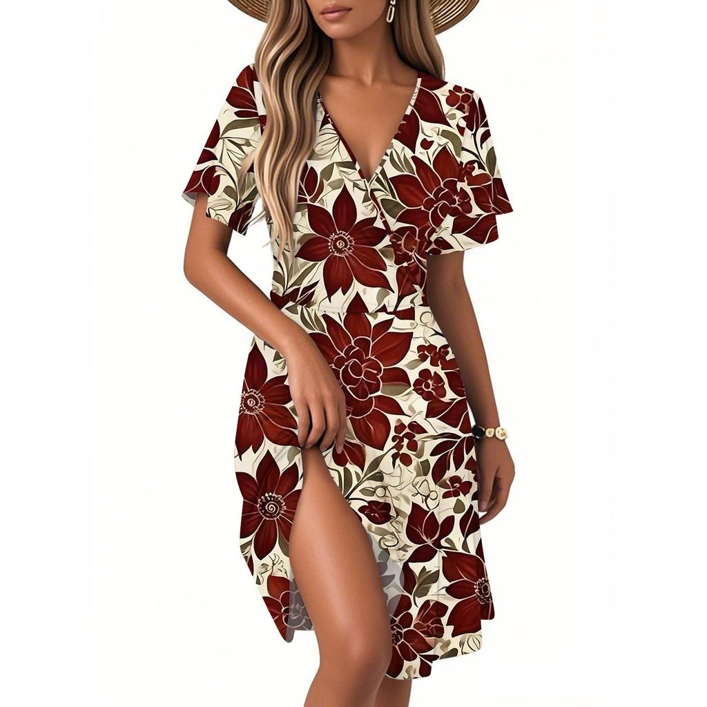 Женское повседневное модное платье с винтажным цветочным принтом и коротким рукавом и V-образным вырезом