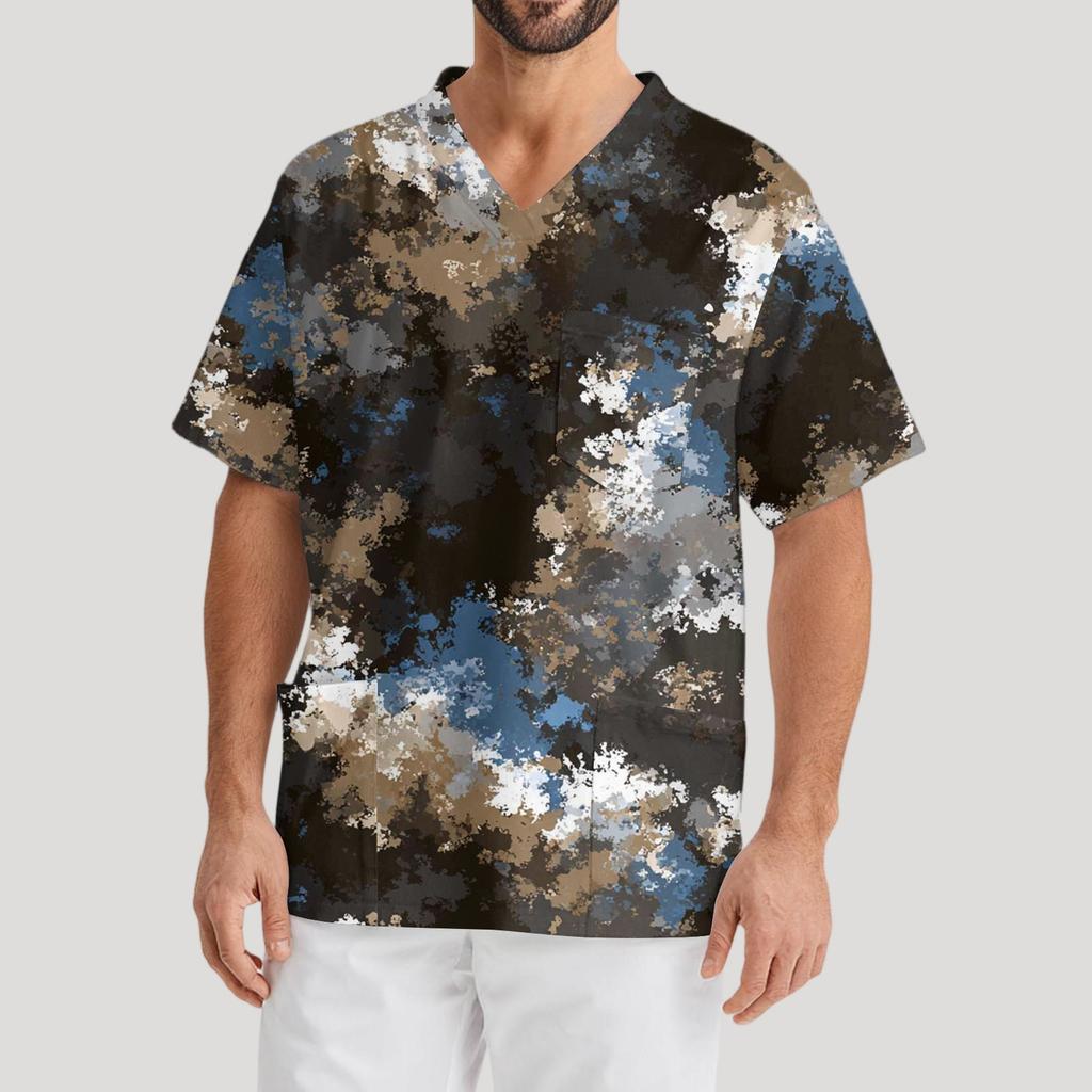 Мужская рабочая блузка с короткими рукавами и v-образным вырезом с принтом, топ с нагрудным карманом