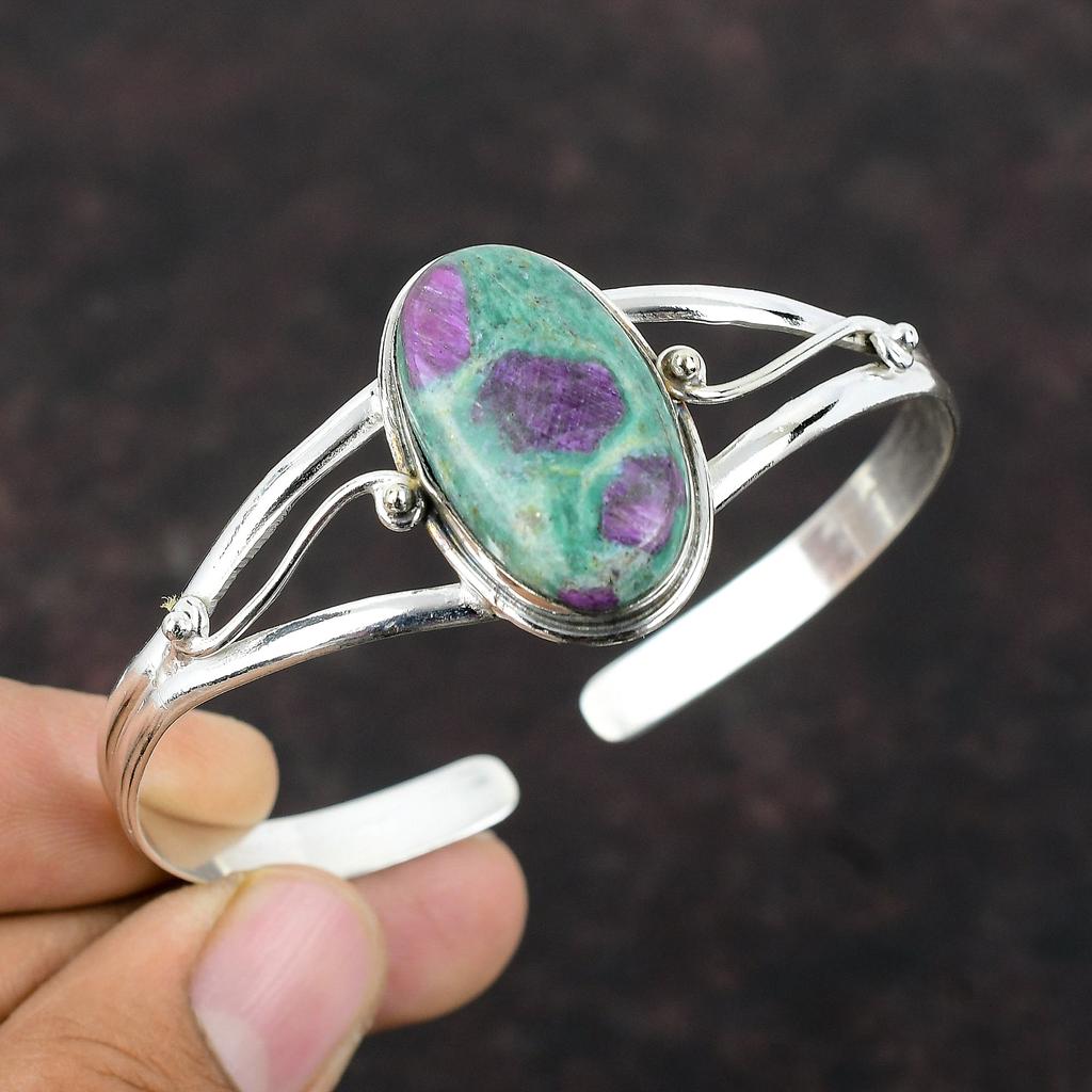 Ruby Fuchsite Cuff Bracelet Genuine Gemstone Bangle Dainty Jewelry 925 Sterling Silver Bangle Handmade Adjustable Cuff Bracelet Gift For Him
