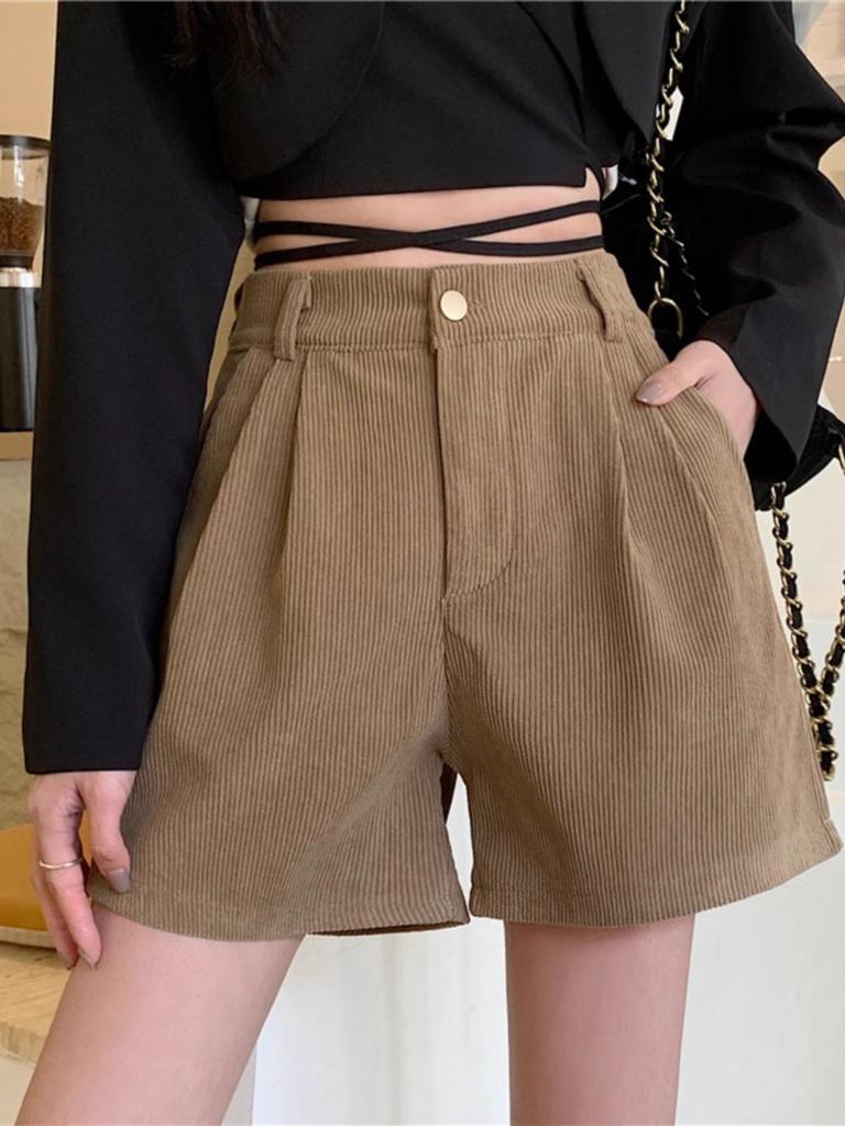 Женские черные вельветовые шорты с высокой талией - осень/зима 2023 года, ретро-мода, широкий дизайн штанин