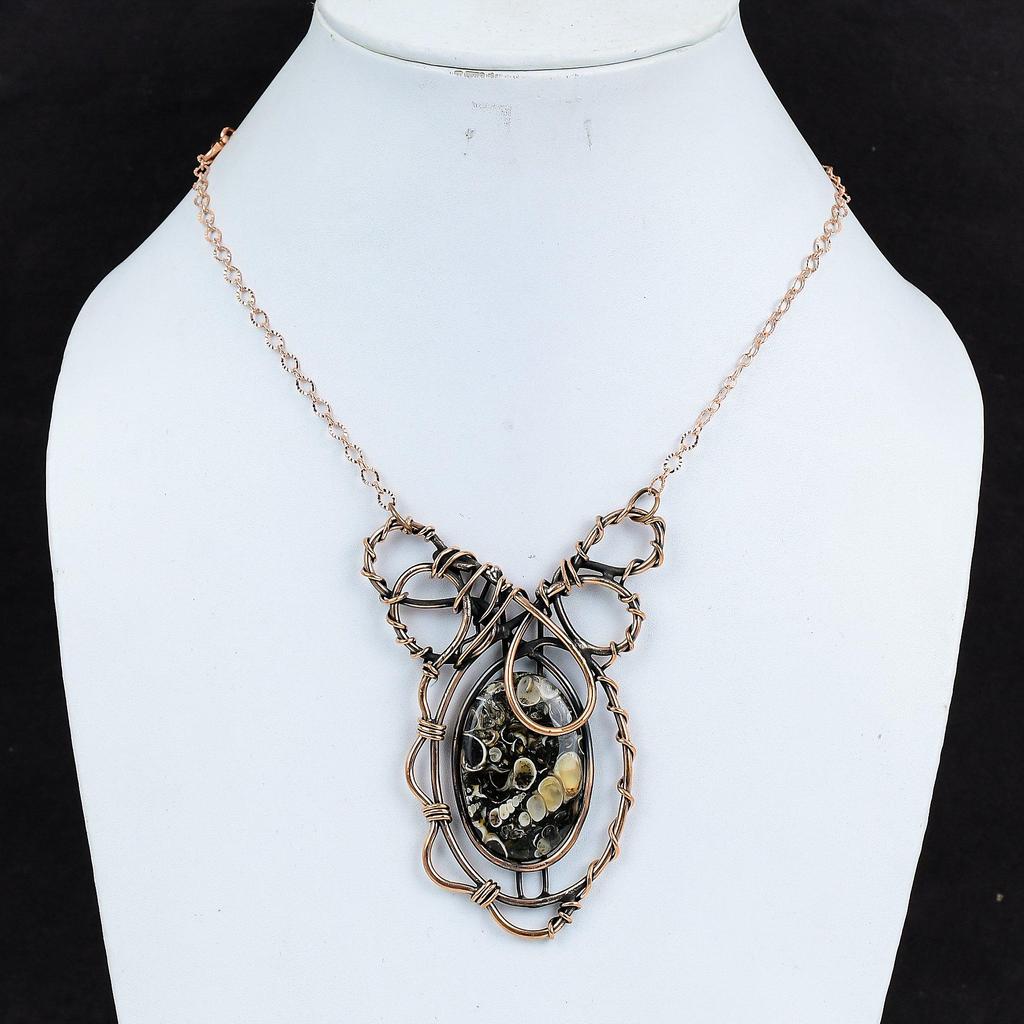 Ожерелье из агата Туррителла, обернутое медной проволокой, регулируемое ожерелье с драгоценным камнем, медные украшения, ожерелье ручной работы, украшения в технике wire wrap, подарки для жены