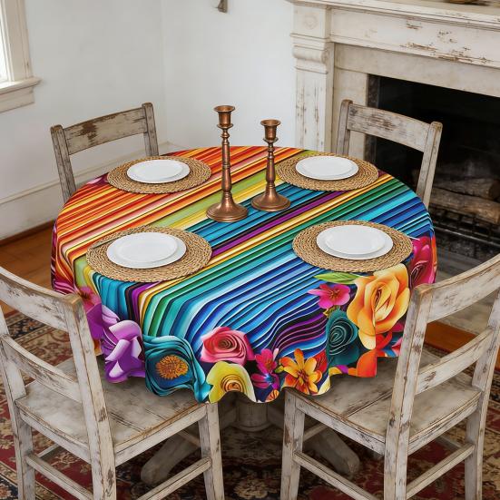 Мексиканская скатерть с цветочным принтом, круглая, с фестончатым краем, красочная скатерть с узором в стиле народного искусства для дома, фермерского дома, обеденного стола