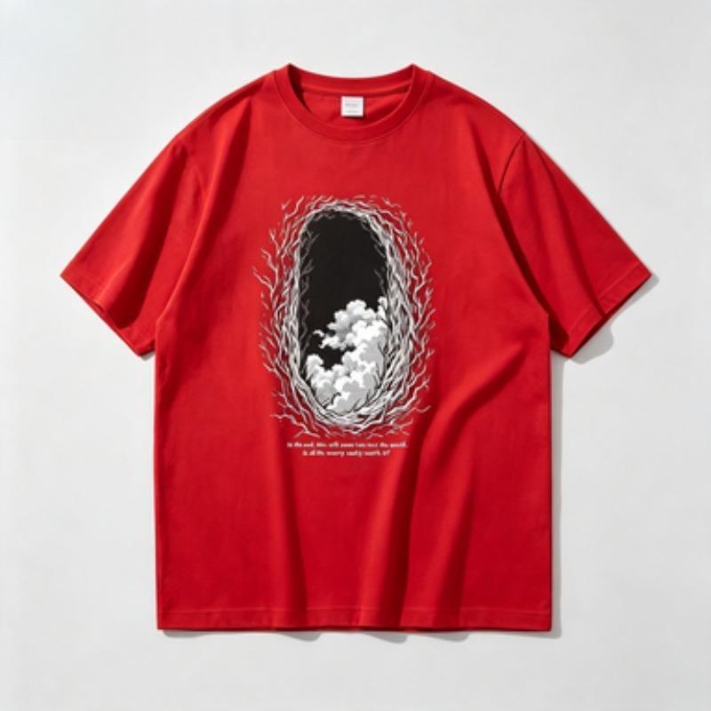 Gothic Vintage Unisex Cotton T Shirt Twig Portal Cloud Line Art Graphic Dark Quote Casual Loose Fit Short Sleeve Tops