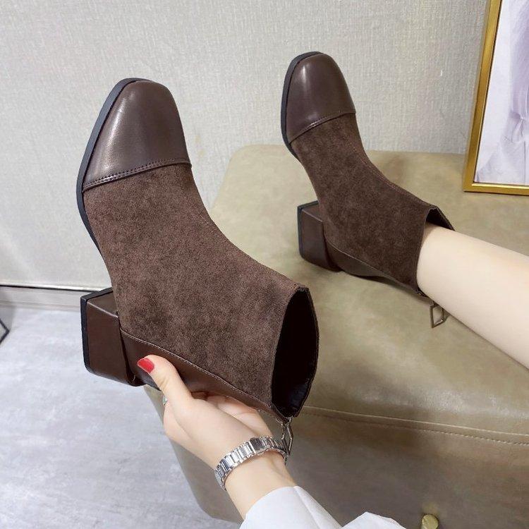 Black Fashion Boots Low Heel Zipper Nude Boots Dark Brown Spring and Autumn Women's Single Boots 35-42 Aunt Short Boots Women's