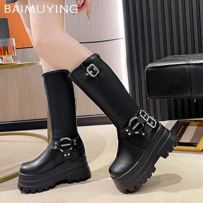 Женские высокие сапоги на платформе, модные туфли на высоком каблуке с пряжкой, 2025, трендовые кожаные зимние дизайнерские туфли до колена для мотоциклистов Botas De Mujer