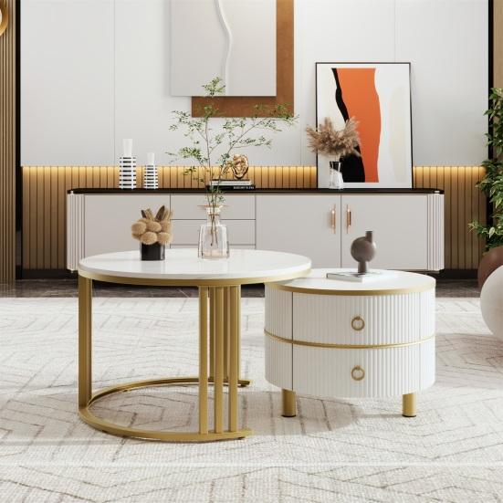 Rounded Edge Coffee Table with 2 Drawers Strong Load-bearing Spacious Desktop High-Gloss Marble Pattern Tea Table Living Room